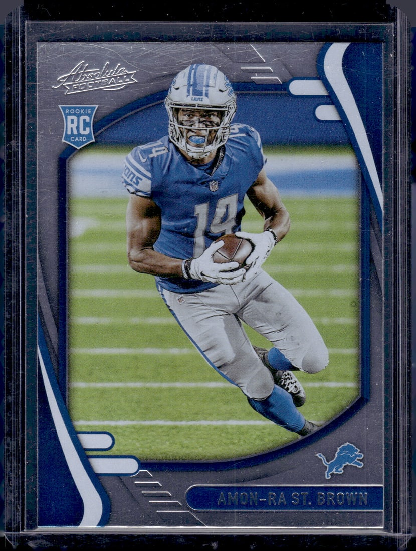 Amon-Ra St. Brown Rookie Card 2021 Panini Absolute #131 Detroit Lions: Panini Select, Prizm, Mosaic, Contenders, Zenith, Phoenix, Illusions, Absolute, Rookie NFL Sports Trading Cards, SP, SSP, Cards, Football Cards for Sale Near Me, Superbowl & Hall of Fame Player Cards,