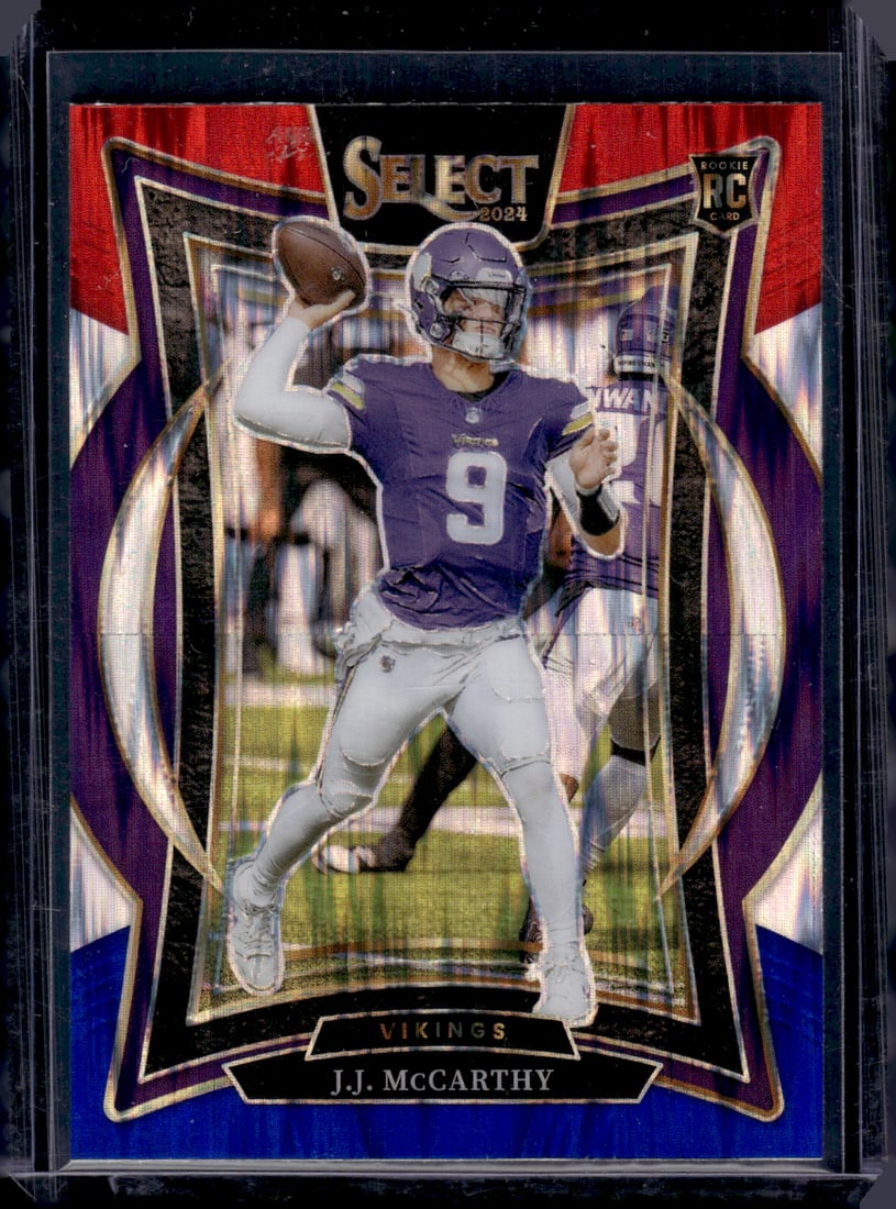 JJ McCarthy Rookie Card Red/Blue Shock Prizm 2024 Panini Select #24 Vikings (1 of 2)