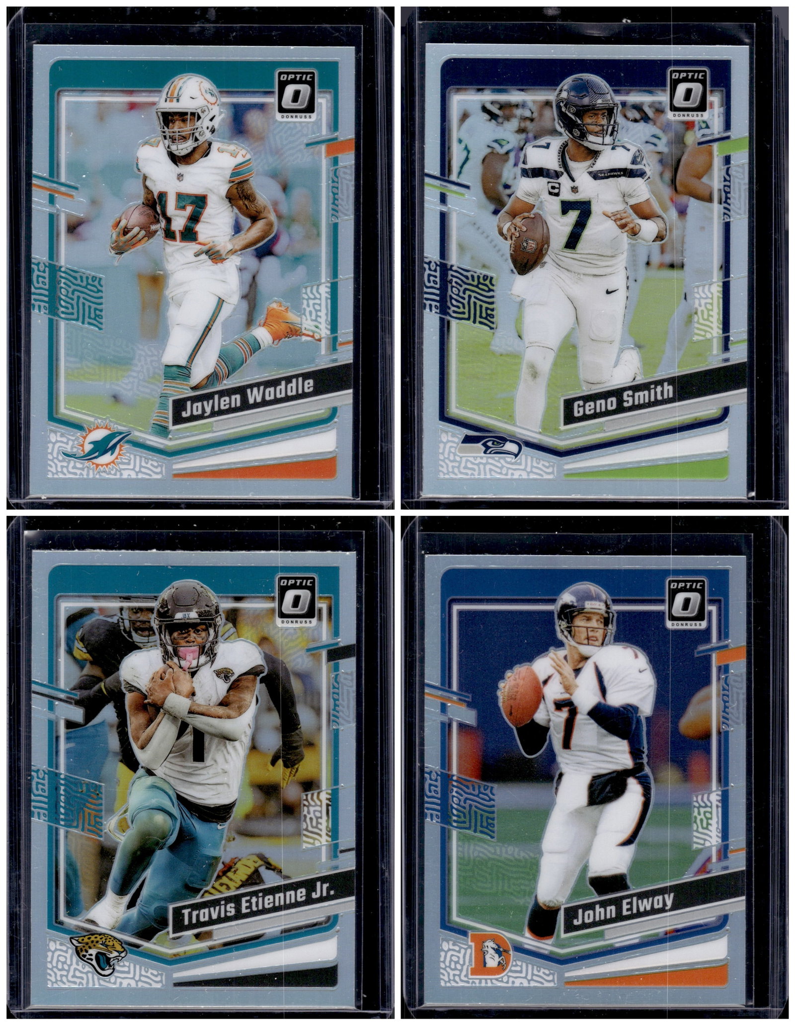 Lot of 4 2023 Donruss Optic NFL Holo Prizms. John Elway, Waddle, Geno Smith, Etienne Jr.: Donruss Optic Football NLF Trading & Sports Cards, Sports Cards for Sale Near Me, Valuable Memorabilia Auction Lots Sold On Line, SP, SSP