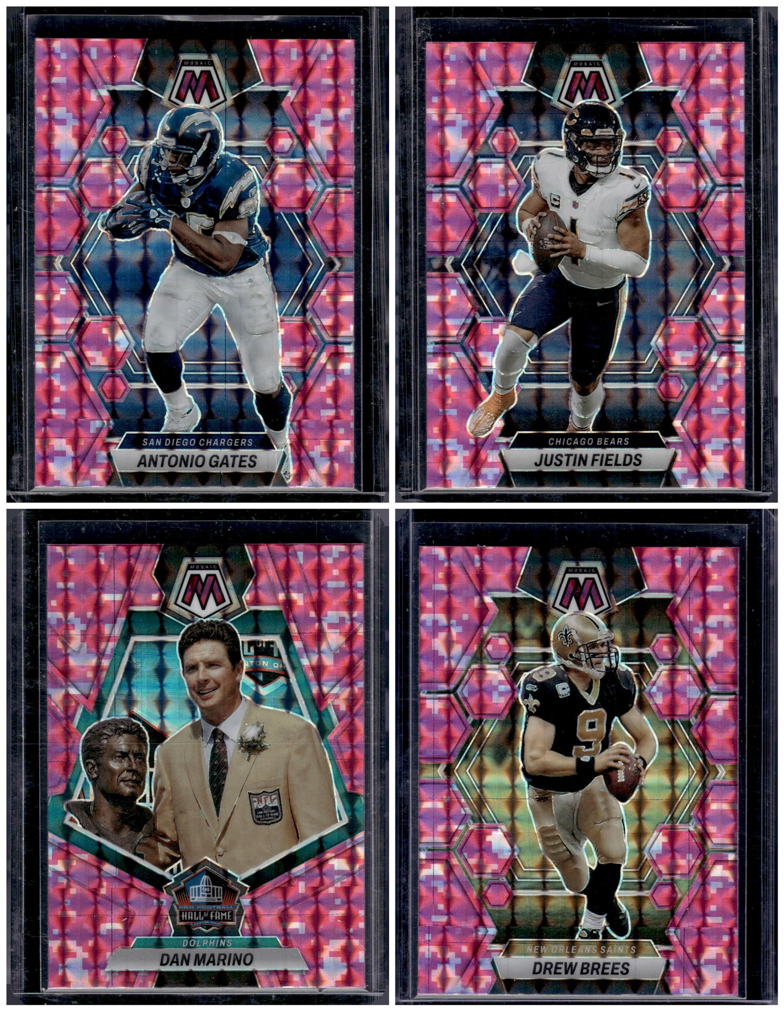 Lot of 4 2023 Panini Mosaic NFL Pink Camo Prizms. Dan Marino, Drew Brees, Justin Fields (1 of 1)