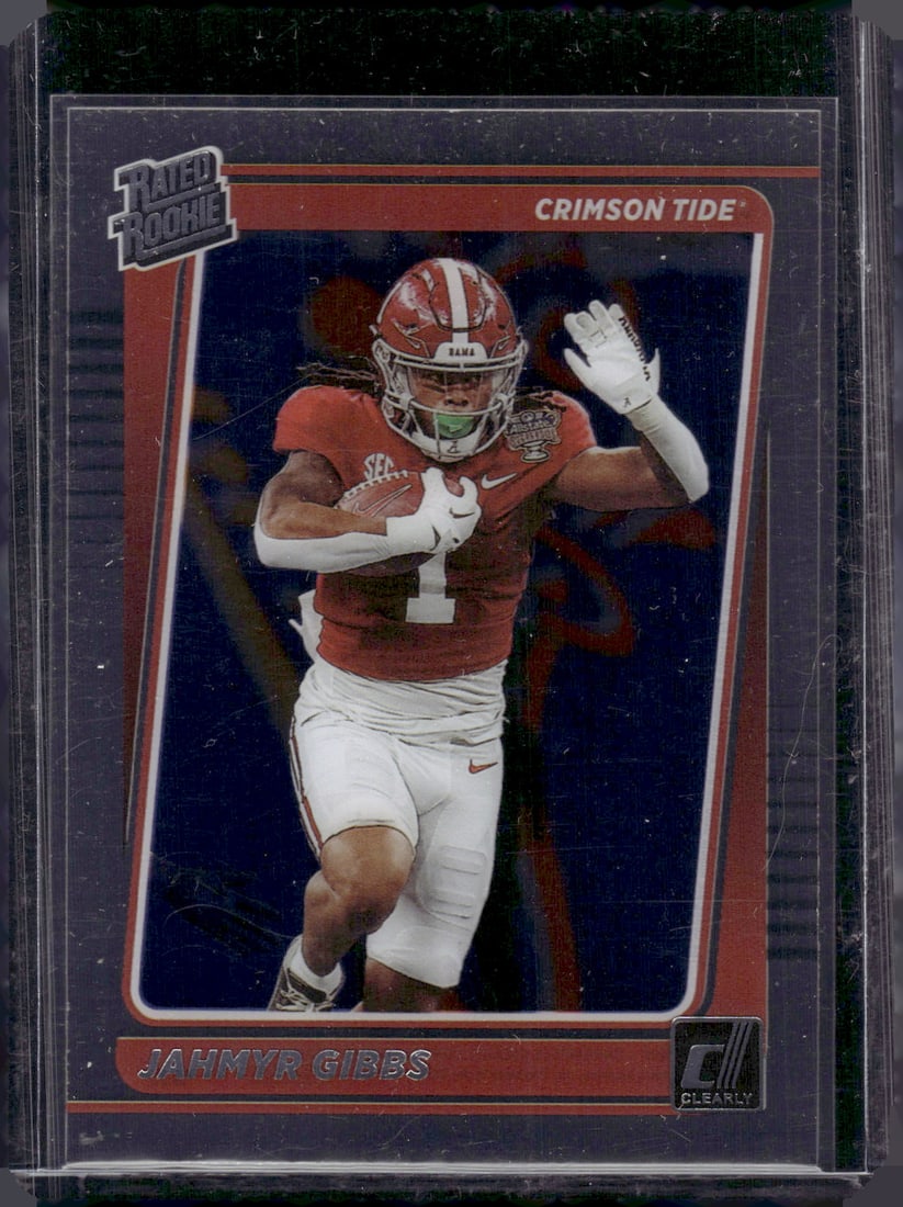 Jahmyr Gibbs Rookie Card 2023 Chronicles Clearly Donruss #40 Alabama, Lions: Panini Select, Prizm, Mosaic, Contenders, Zenith, Phoenix, Illusions, Absolute, Rookie NFL Sports Trading Cards, SP, SSP, Cards, Football Cards for Sale Near Me, Superbowl & Hall of Fame Player Cards,