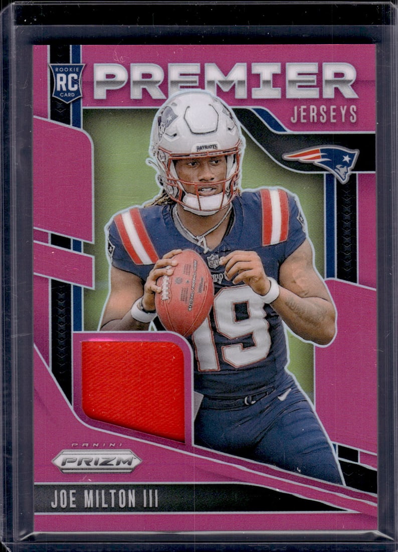 Joe Milton Pink Prizm Rookie Patch 2024 Panini Prizm #PJ-JMN Patriots Football Card: Panini Select, Prizm, Mosaic, Contenders, Zenith, Phoenix, Illusions, Absolute, Rookie NFL Sports Trading Cards, SP, SSP, Cards, Football Cards for Sale Near Me, Superbowl & Hall of Fame Player Cards,