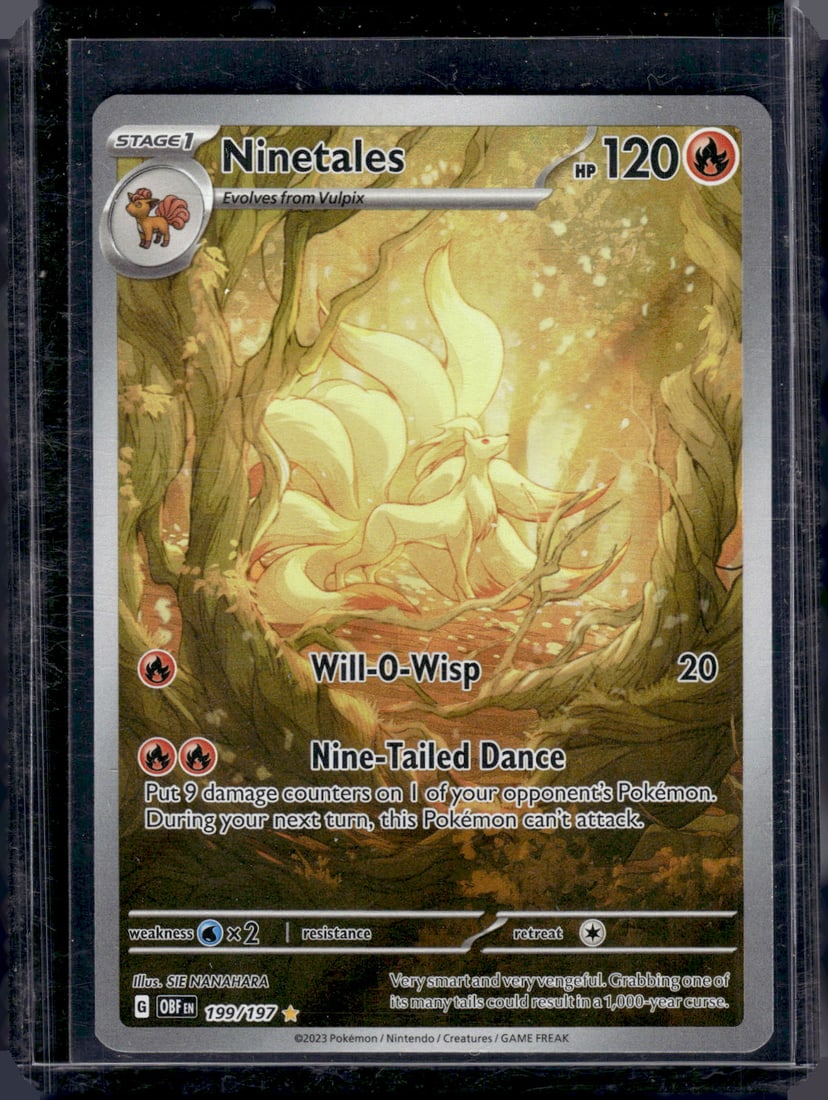 2023 Pokemon Obsidian Flames Ninetales Illustration Rare #199: TCG, Pikachu, Charizard, Rare, Secret Rare, Holo Cards, Pokemon & TCG Cards sold near Me, Nintendo, Evee, Houndoom, Reverse Holo Cards, 3 Star Ultra Rare, EX