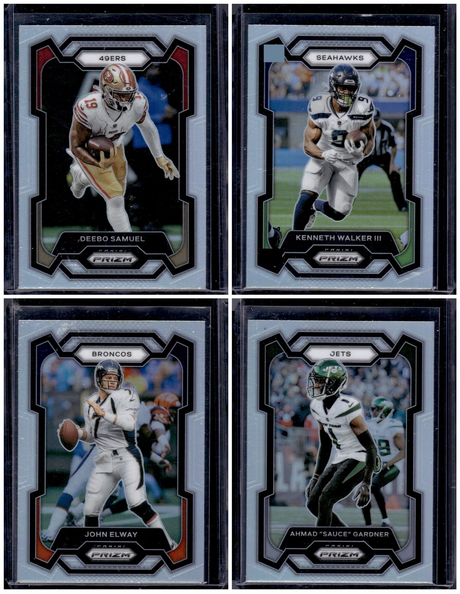 Lot of 4 2023 Panini Prizm NFL Silver Prizms. John Elway, Sauce Gardner, Deebo Samuel (1 of 1)