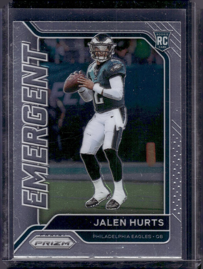 Jalen Hurts Rookie Card Emergent 2020 Panini Prizm #12 Eagles Football Card: Panini Select, Prizm, Mosaic, Contenders, Zenith, Phoenix, Illusions, Absolute, Rookie NFL Sports Trading Cards, SP, SSP, Cards, Football Cards for Sale Near Me, Superbowl & Hall of Fame Player Cards,