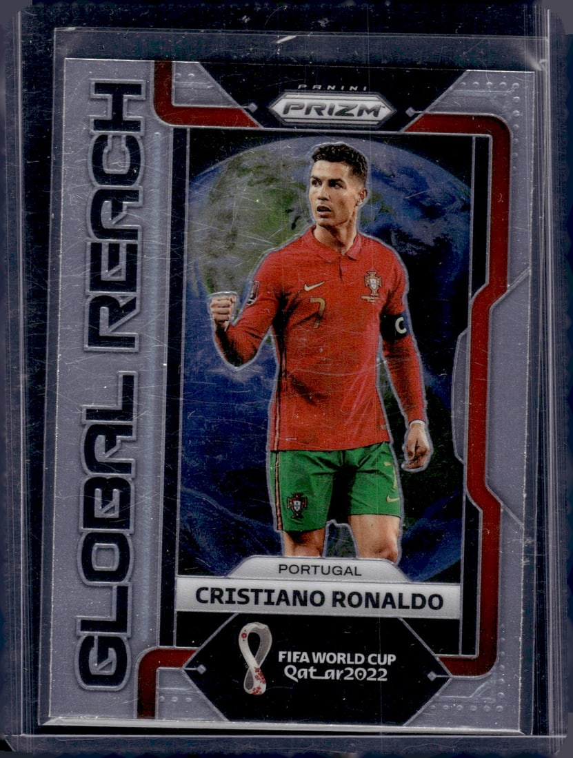 Cristiano Ronaldo Global Reach 2022 Panini Prizm Fifa World Cup #17: Panini Soccer Select, Prizm, Mosaic, Contenders, Revolution, Phoenix, FIFA World Cup, Soccer Rookie FIFA Sports Trading Cards, Silver, SP, SSP, Wave Prizms, Numbered Cards, Soccer sports Cards for Sal