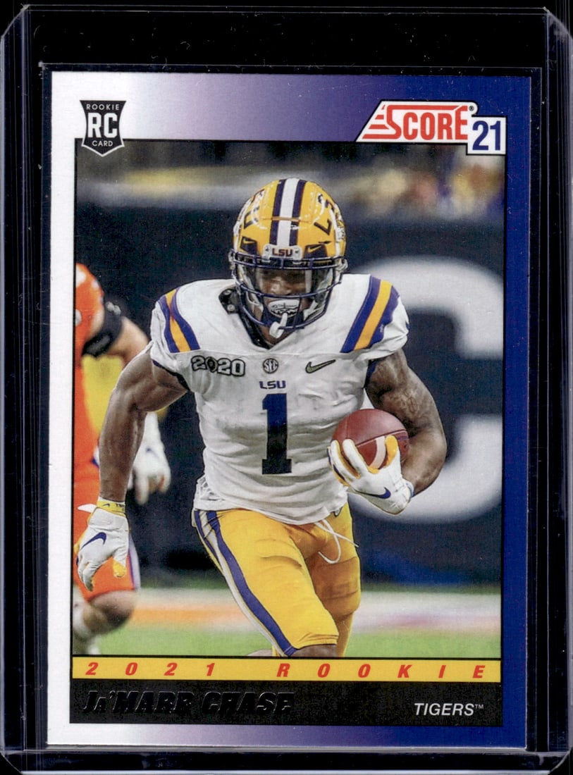 Ja'Marr Chase Rookie Card 2021 Panini Score #TB5 LSU Tigers, Bengals: Panini Select, Prizm, Mosaic, Contenders, Zenith, Phoenix, Illusions, Absolute, Rookie NFL Sports Trading Cards, SP, SSP, Cards, Football Cards for Sale Near Me, Superbowl & Hall of Fame Player Cards,