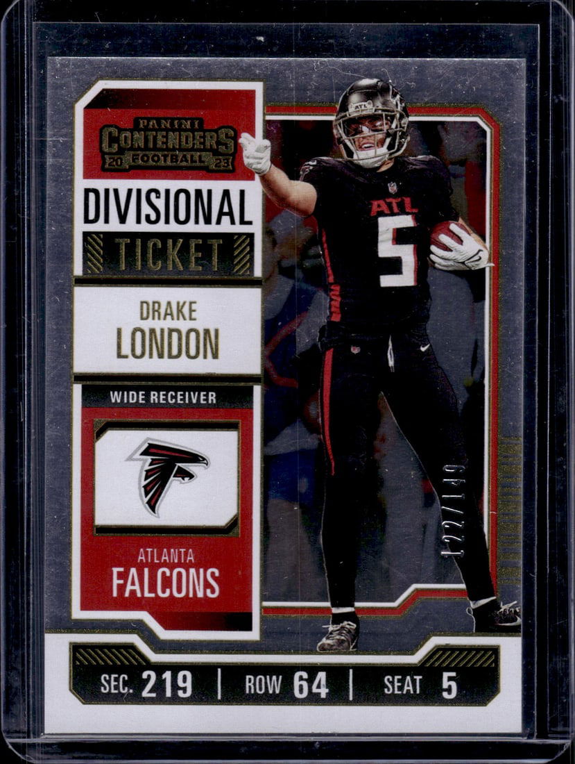 Drake London Divisonal Ticket /149 2023 Panini Contenders #5 Falcons Football Card: Panini Select, Prizm, Mosaic, Contenders, Zenith, Phoenix, Illusions, Absolute, Rookie NFL Sports Trading Cards, SP, SSP, Cards, Football Cards for Sale Near Me, Superbowl & Hall of Fame Player Cards,