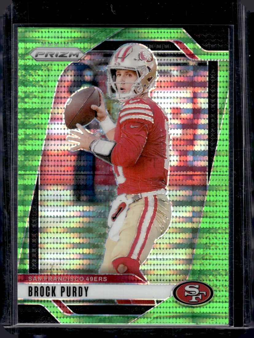 Brock Purdy Neon Green Pulsar Prizm 2024 Panini Prizm #249 49ers Football Card: Panini Select, Prizm, Mosaic, Contenders, Zenith, Phoenix, Illusions, Absolute, Rookie NFL Sports Trading Cards, SP, SSP, Cards, Football Cards for Sale Near Me, Superbowl & Hall of Fame Player Cards,