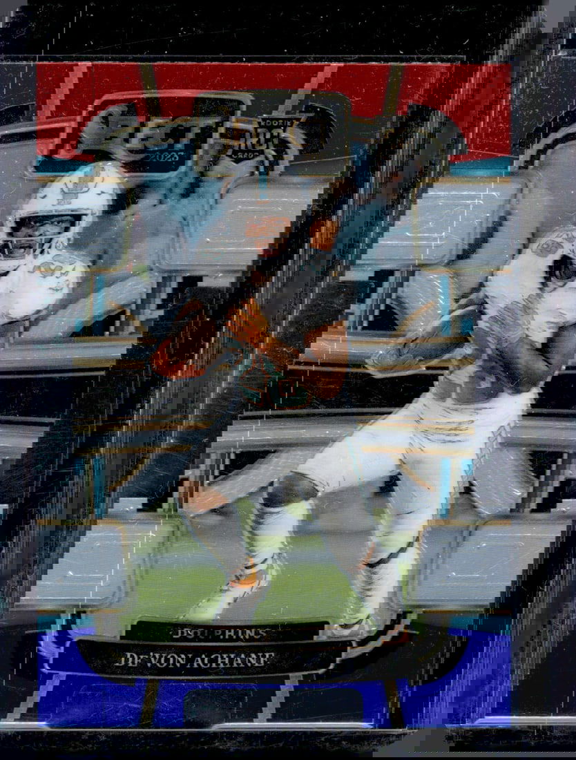 De'Von Achane Rookie Card Red/Blue Prizm Die Cut 2023 Panini Select #63: Panini Select, Prizm, Mosaic, Contenders, Zenith, Phoenix, Illusions, Absolute, Rookie NFL Sports Trading Cards, SP, SSP, Cards, Football Cards for Sale Near Me, Superbowl & Hall of Fame Player Cards,