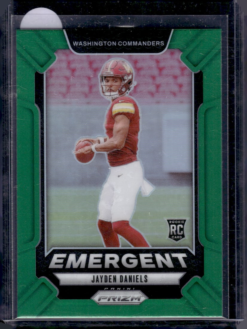 Jayden Daniels Rookie Card Emergent Green Prizm 2024 Panini Prizm #2 Commanders: Panini Select, Prizm, Mosaic, Contenders, Zenith, Phoenix, Illusions, Absolute, Rookie NFL Sports Trading Cards, SP, SSP, Cards, Football Cards for Sale Near Me, Superbowl & Hall of Fame Player Cards,