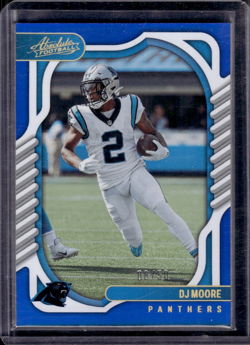 Dj Moore Blue /50 2022 Panini Absolute #27 Carolina Panthers Football Card: Panini Select, Prizm, Mosaic, Contenders, Zenith, Phoenix, Illusions, Absolute, Rookie NFL Sports Trading Cards, SP, SSP, Cards, Football Cards for Sale Near Me, Superbowl & Hall of Fame Player Cards,
