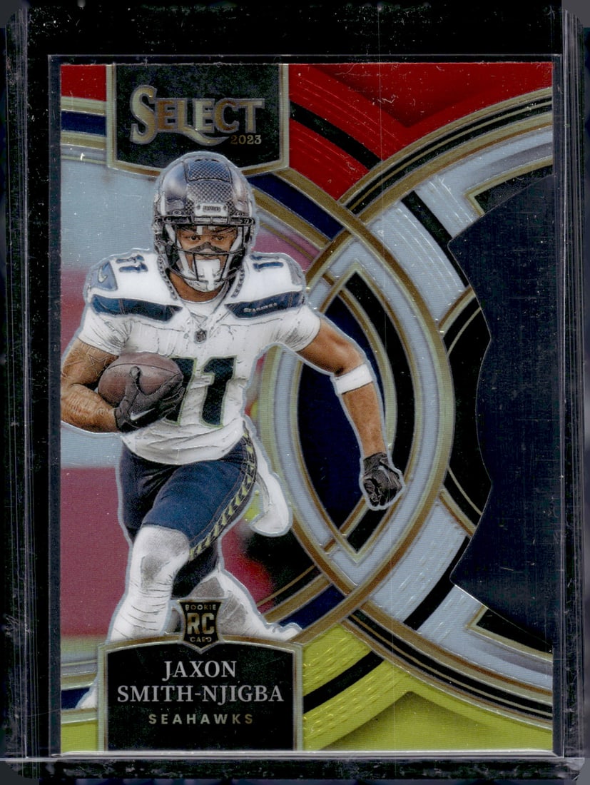 Jaxon Smith-Njigba Rookie Card Red/Yellow Prizm Die Cut 2023 Panini Select #174 Seahawks: Panini Select, Prizm, Mosaic, Contenders, Zenith, Phoenix, Illusions, Absolute, Rookie NFL Sports Trading Cards, SP, SSP, Cards, Football Cards for Sale Near Me, Superbowl & Hall of Fame Player Cards,
