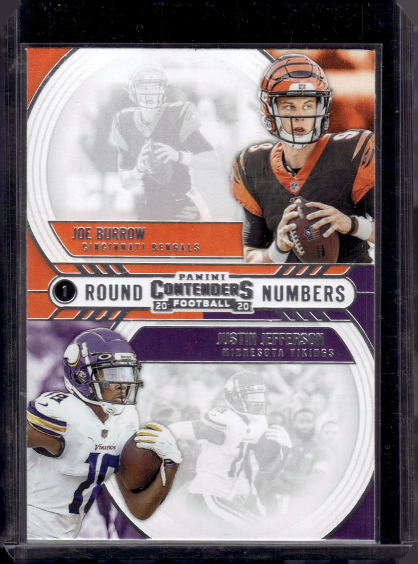 Joe Burrow/Justin Jefferson Dual Rookie Card 2020 Panini Contenders #RN-BJ Football Card: Panini Select, Prizm, Mosaic, Contenders, Zenith, Phoenix, Illusions, Absolute, Rookie NFL Sports Trading Cards, SP, SSP, Cards, Football Cards for Sale Near Me, Superbowl & Hall of Fame Player Cards,