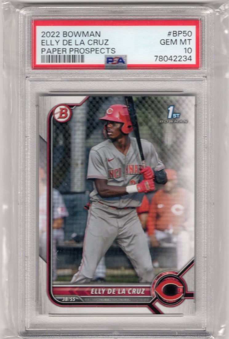 Elly De La Cruz 1st Bowman 2022 Bowman #BP-50 PSA 10 Reds Baseball Card: Bowman Baseball MLB Trading & Sports Cards, Sports Cards for Sale Near Me, World Series & Hall of Fame Players, SP, SSP, Chrome, 1st Bowman, Auction Memorabilia Lots Sold On Line
