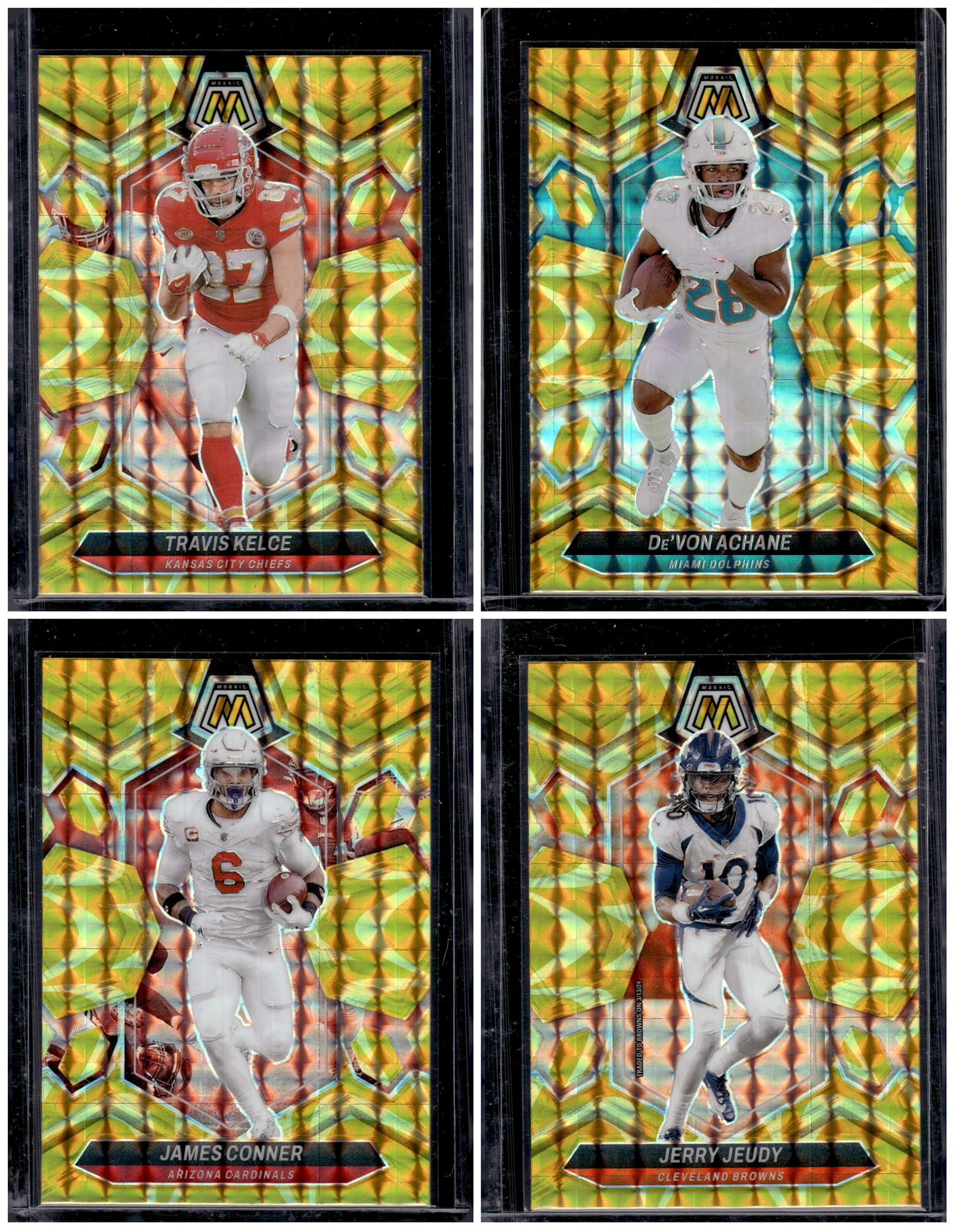 Lot of 4 2024 Panini Mosaic NFL Yellow Reactive Prizms. Kelce, Achane, Conner, Jeudy: Panini Select, Prizm, Mosaic, Contenders, Zenith, Phoenix, Illusions, Absolute, Rookie NFL Sports Trading Cards, SP, SSP, Cards, Football Cards for Sale Near Me, Superbowl & Hall of Fame Player Cards,