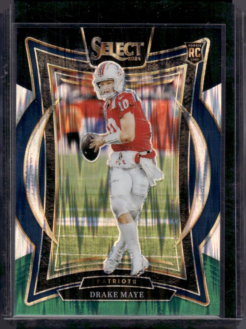 Drake Maye Rookie Card Black/Green Shock Prizm 2024 Panini Select #27 Patriots: Panini Select, Prizm, Mosaic, Contenders, Zenith, Phoenix, Illusions, Absolute, Rookie NFL Sports Trading Cards, SP, SSP, Cards, Football Cards for Sale Near Me, Superbowl & Hall of Fame Player Cards,