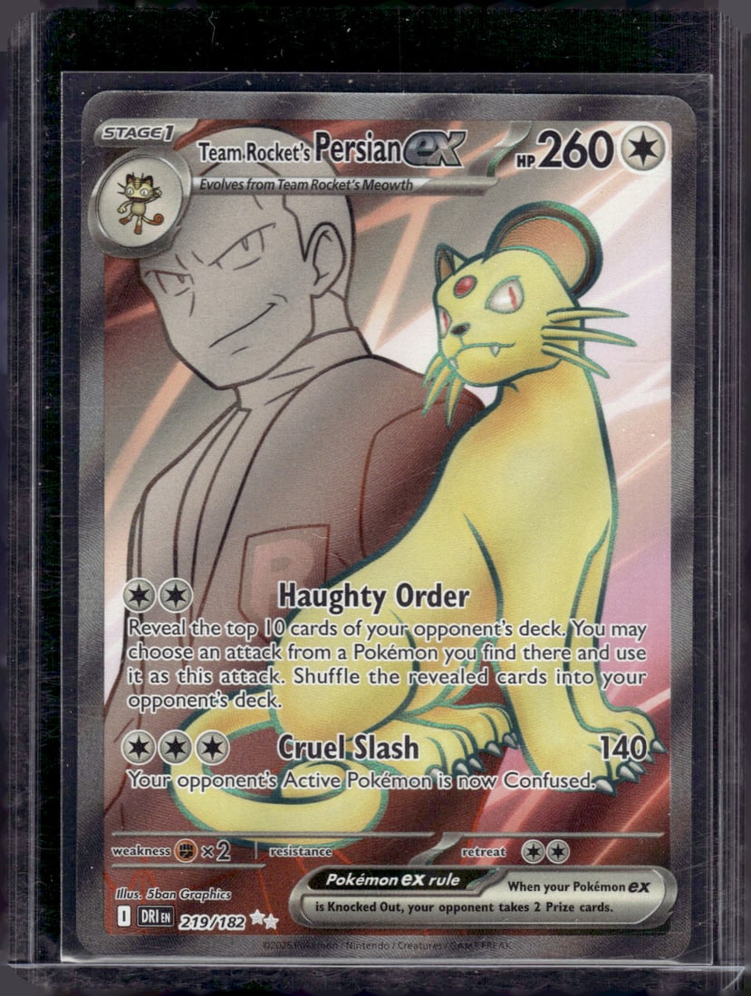 2025 Pokemon Destined Rivals Team Rocket's Persian Full Art Ultra Rare #219 TCG: TCG, Pikachu, Charizard, Rare, Secret Rare, Holo Cards, Pokemon & TCG Cards sold near Me, Nintendo, Evee, Houndoom, Reverse Holo Cards, 3 Star Ultra Rare, EX