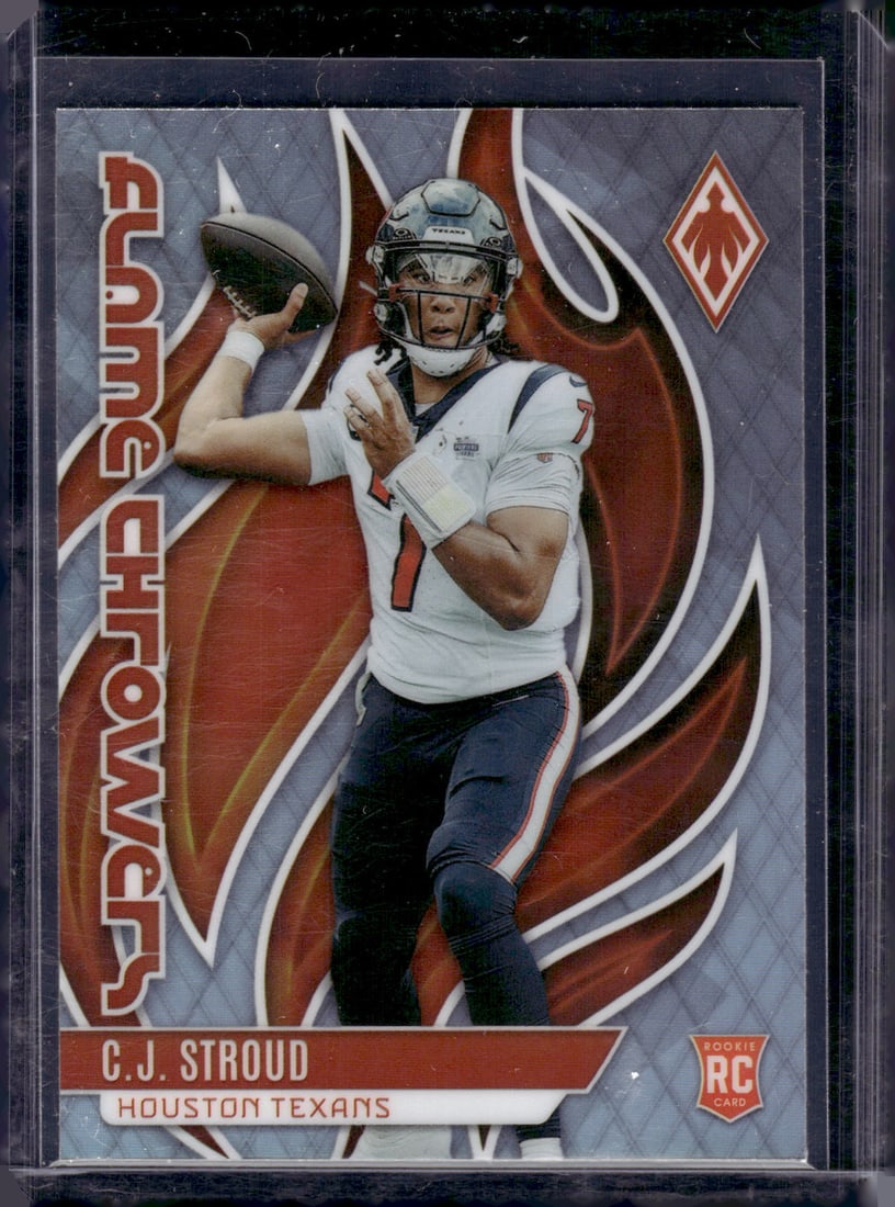 Cj Stroud Rookie Card Flamethrowers Silver Prizm 2023 Panini Phoenix #FLA-21 Texans: Panini Select, Prizm, Mosaic, Contenders, Zenith, Phoenix, Illusions, Absolute, Rookie NFL Sports Trading Cards, SP, SSP, Cards, Football Cards for Sale Near Me, Superbowl & Hall of Fame Player Cards,