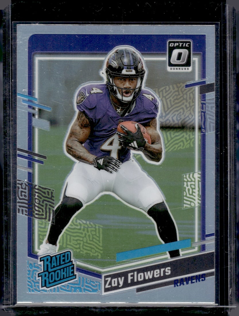 Zay Flowers Rookie Card Holo Prizm 2023 Donruss Optic #307 Ravens Football Card: Wild Card, Vintage Football NFL Trading Cards, Old Sports Cards for Sale Near Me, Hall of Fame & Super Bowl Player Cards, Auction Memorabilia Lots for Sale on Line