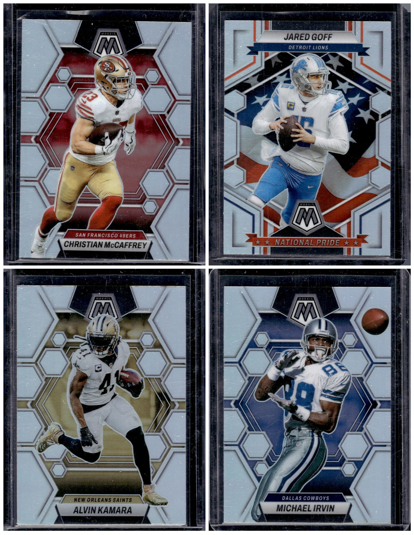 Lot of 4 2023 Mosaic NFL Silver Prizms. McCaffrey, Jared Goff, Kamara, Michael Irvin (1 of 1)