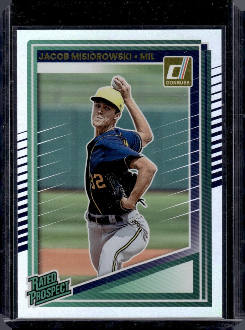 Jacob Misiorowski Rated Propsect Holo Foil 2025 Panini Donruss #128 Brewers Baseball Card: Donruss Baseball MLB Trading & Sports Cards, Sports Cards for Sale Near Me, Prizm, Mosaic, Select, SP, SSP, Auction Memorabilia Lots for Sale On Line, World Series & Hall of Fame Players, Diamond King