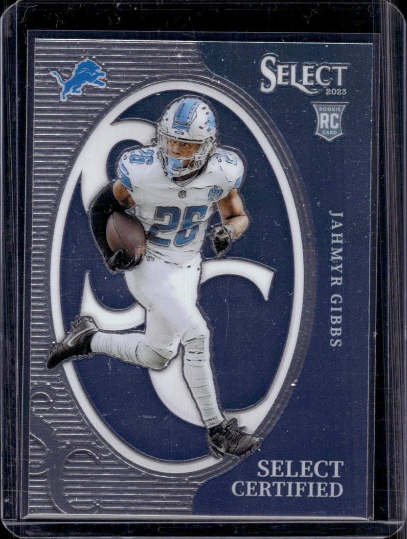 Jahmyr Gibbs Rookie Card Select Certified 2023 Panini Select #CRO-JGI Detroit Lions: Panini Select, Prizm, Mosaic, Contenders, Zenith, Phoenix, Illusions, Absolute, Rookie NFL Sports Trading Cards, SP, SSP, Cards, Football Cards for Sale Near Me, Superbowl & Hall of Fame Player Cards,