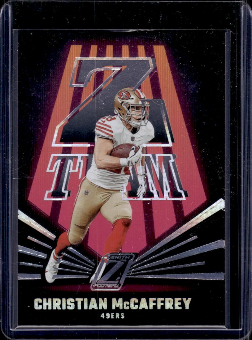Christian McCaffrey Z Team 2023 Panini Zenith #13 49ers, Panthers: Panini Select, Prizm, Mosaic, Contenders, Zenith, Phoenix, Illusions, Absolute, Rookie NFL Sports Trading Cards, SP, SSP, Cards, Football Cards for Sale Near Me, Superbowl & Hall of Fame Player Cards,