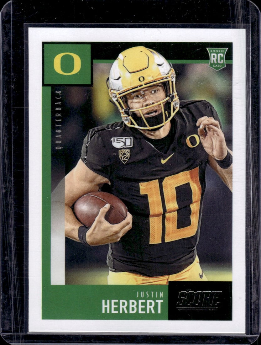 Justin Herbert Rookie Card 2020 Panini Score #362 Oregon Ducks, Chargers: Panini Select, Prizm, Mosaic, Contenders, Zenith, Phoenix, Illusions, Absolute, Rookie NFL Sports Trading Cards, SP, SSP, Cards, Football Cards for Sale Near Me, Superbowl & Hall of Fame Player Cards,