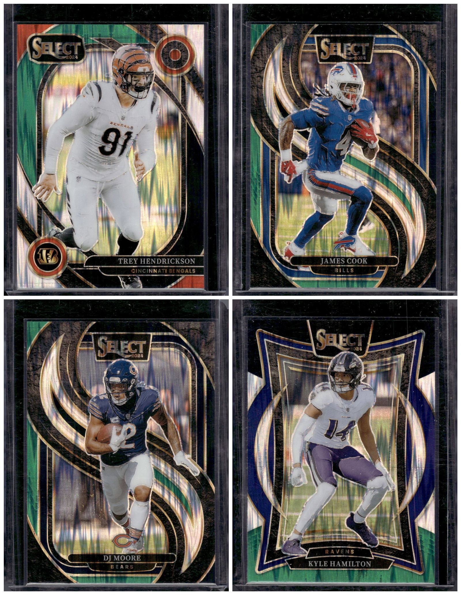 Lot of 4 2024 Panini Select NFL Green/Black Shock Prizms. Cook, Moore, Hendrickson, Hamilton: Panini Select, Prizm, Mosaic, Contenders, Zenith, Phoenix, Illusions, Absolute, Rookie NFL Sports Trading Cards, SP, SSP, Cards, Football Cards for Sale Near Me, Superbowl & Hall of Fame Player Cards,