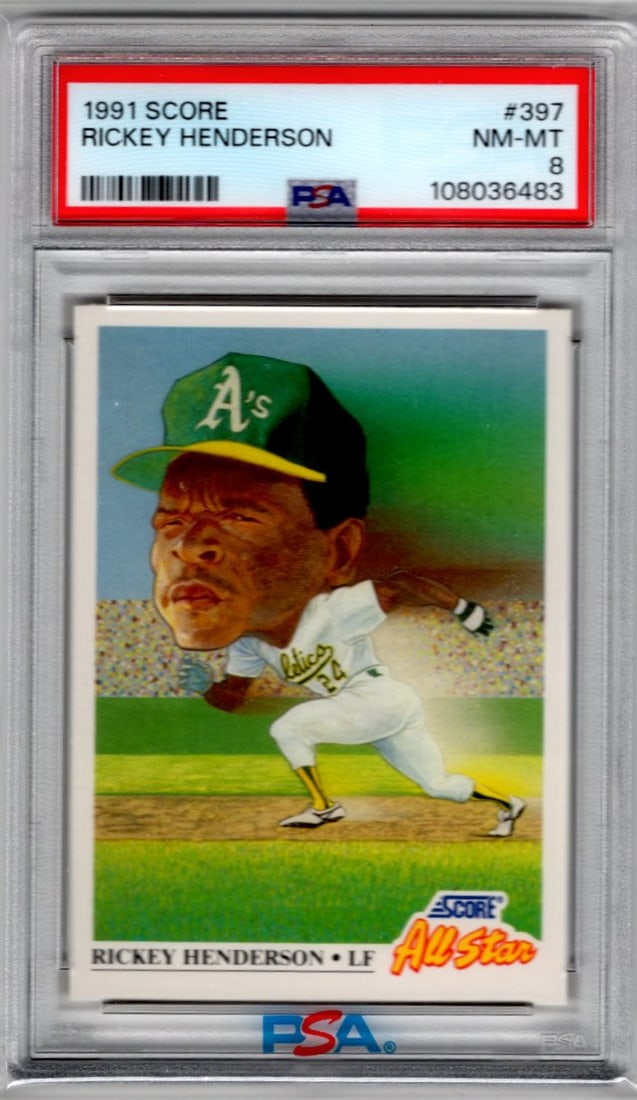 Rickey Henderson 1991 Score #397 PSA 8 A's Baseball Card (1 of 2)