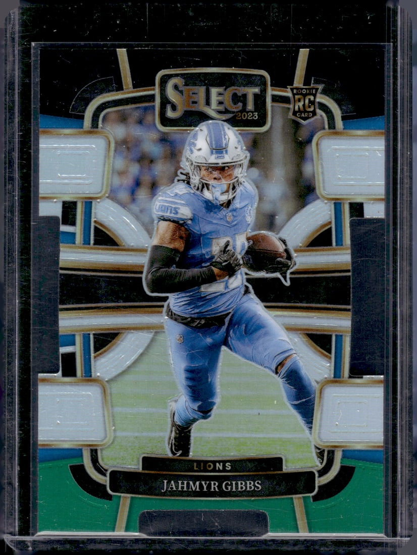 Jahmyr Gibbs Rookie Card Black/Green Prizm Die Cut 2023 Panini Select #34 Detroit Lions: Panini Select, Prizm, Mosaic, Contenders, Zenith, Phoenix, Illusions, Absolute, Rookie NFL Sports Trading Cards, SP, SSP, Cards, Football Cards for Sale Near Me, Superbowl & Hall of Fame Player Cards,