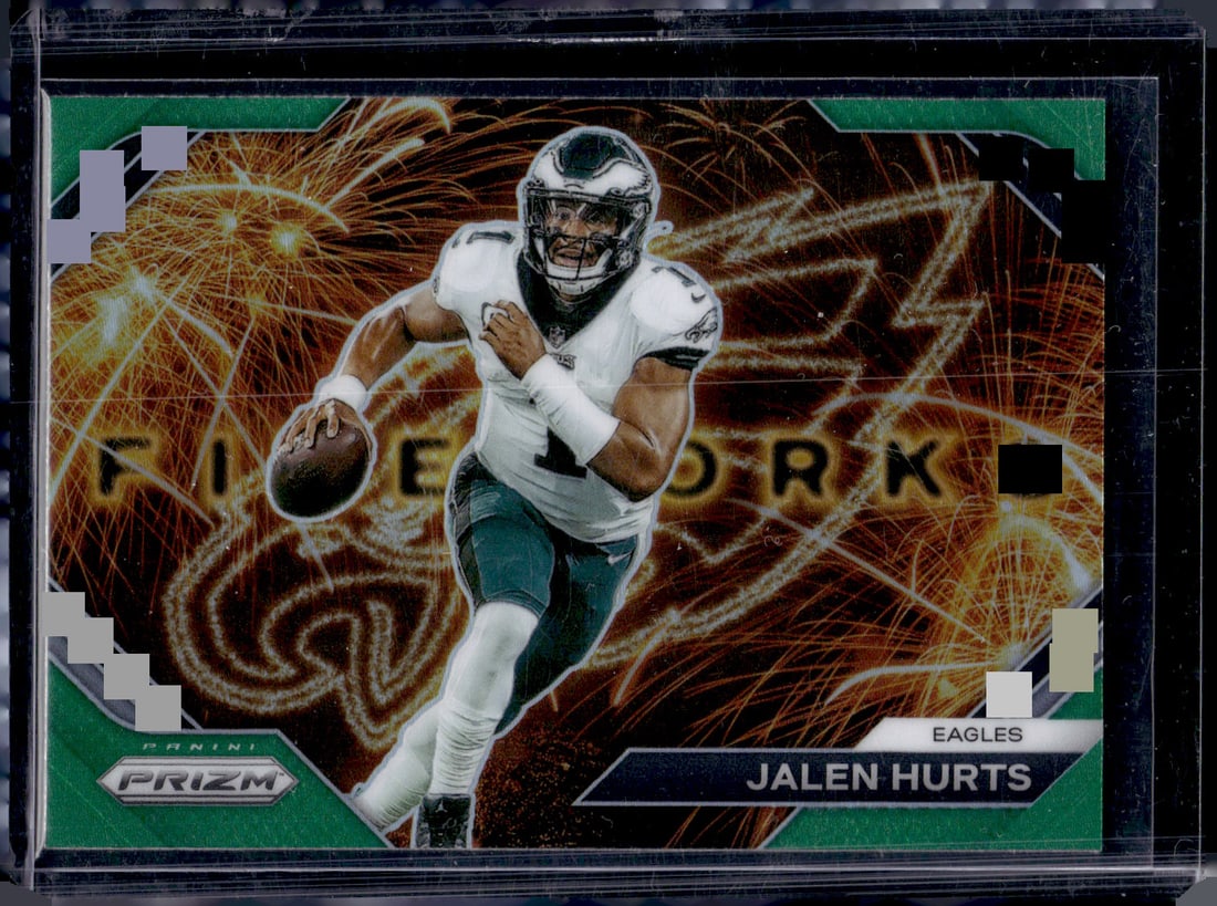 Jalen Hurts Fireworks Green Prizm 2023 Panini Prizm #F-1 Eagles Football Card: Panini Select, Prizm, Mosaic, Contenders, Zenith, Phoenix, Illusions, Absolute, Rookie NFL Sports Trading Cards, SP, SSP, Cards, Football Cards for Sale Near Me, Superbowl & Hall of Fame Player Cards,