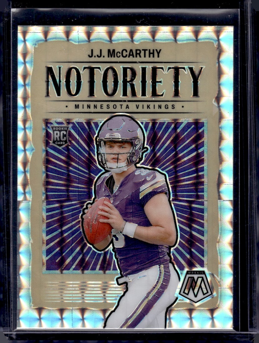 JJ McCarthy Rookie Card Notoriety Silver Mosaic Prizm 2024 Panini Mosaic #21 Vikings: Panini Select, Prizm, Mosaic, Contenders, Zenith, Phoenix, Illusions, Absolute, Rookie NFL Sports Trading Cards, SP, SSP, Cards, Football Cards for Sale Near Me, Superbowl & Hall of Fame Player Cards,