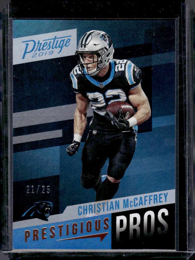 Christian McCaffrey Prestigious Pros /25 2019 Panini Prestige #PP-CM Panthers, 49ers: Panini Select, Prizm, Mosaic, Contenders, Zenith, Phoenix, Illusions, Absolute, Rookie NFL Sports Trading Cards, SP, SSP, Cards, Football Cards for Sale Near Me, Superbowl & Hall of Fame Player Cards,