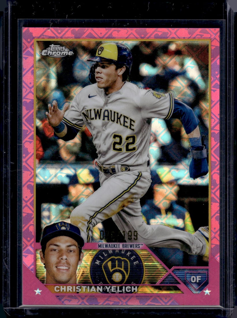 Christian Yelich Pink Logofractor /199 2023 Topps Chrome #109 Brewers Baseball Card (1 of 2)