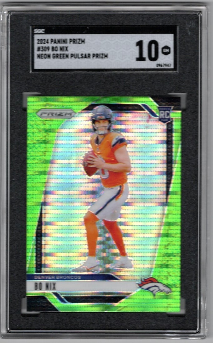 Bo Nix Rookie Card Neon Green Pulsar Prizm 2024 Panini Prizm #309 SGC 10 Broncos: Panini Select, Prizm, Mosaic, Contenders, Zenith, Phoenix, Illusions, Absolute, Rookie NFL Sports Trading Cards, SP, SSP, Cards, Football Cards for Sale Near Me, Superbowl & Hall of Fame Player Cards,