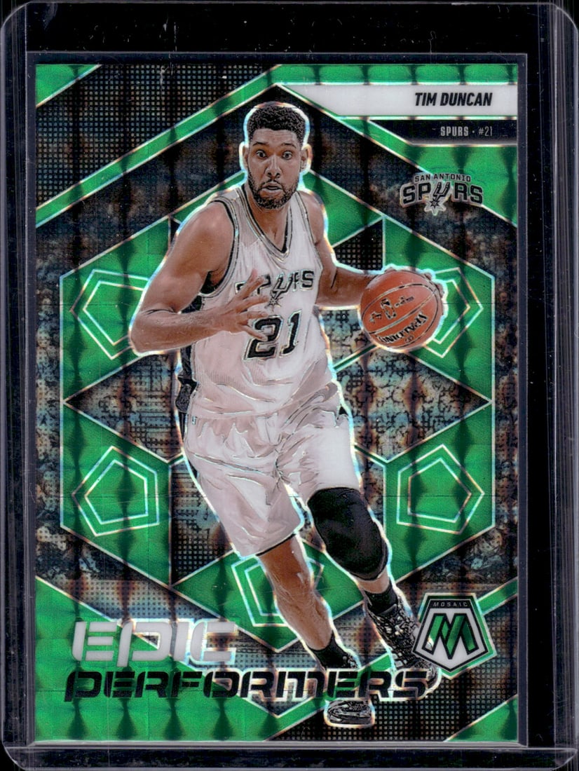 Tim Duncan Epic Performers Green Mosaic Prizm 2024-25 Mosaic #19 Spurs: Panini Select, Prizm, Mosaic, Contenders, Revolution, Phoenix, NBA Hoops, Rookie NFL Sports Trading Cards, Silver, SP, SSP, Wave Prizms, Numbered Cards, Basketball sports Cards for Sale Near Me, NBA C