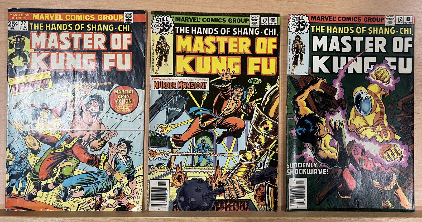 3 Master of Kung Fu Vintage Marvel Comic Books, 1974 #22 Nov, 1978 #70 Nov, & 1979 #72 Jan (1 of 3)