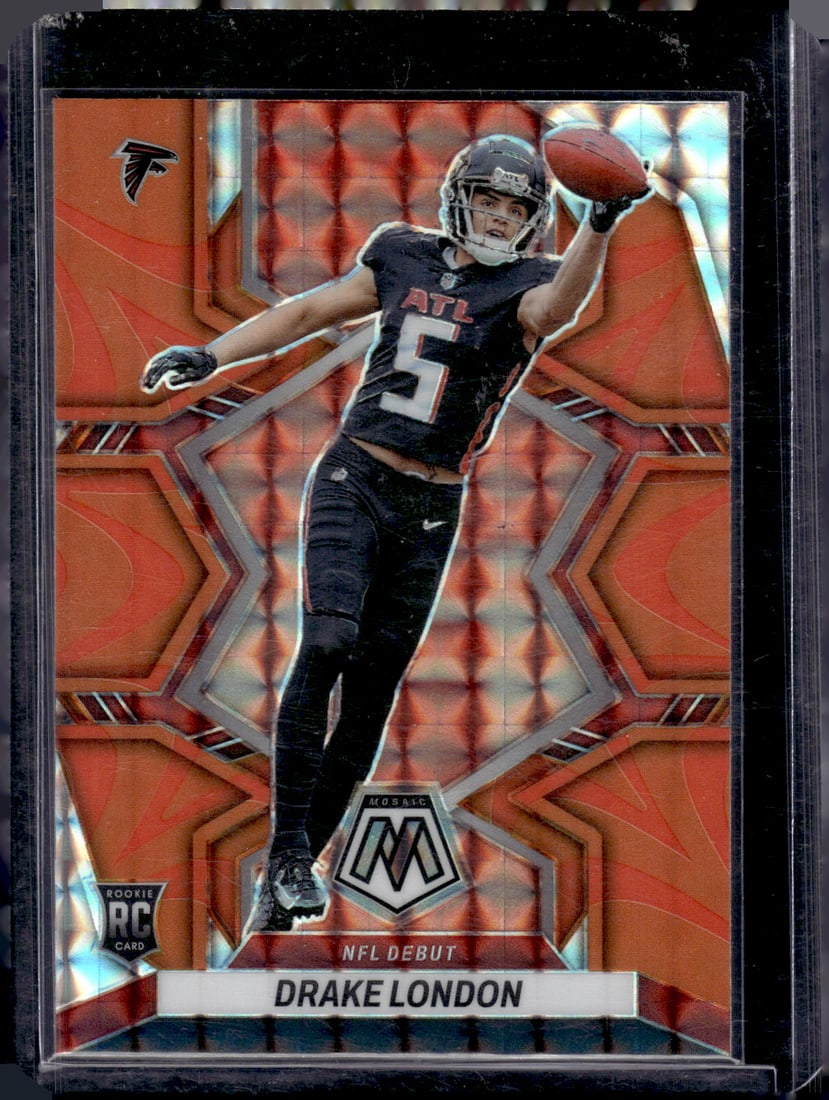 Drake London Rookie Card Orange Reactive Prizm 2022 Panini Mosaic #275 Atlanta Falcons: Panini Select, Prizm, Mosaic, Contenders, Zenith, Phoenix, Illusions, Absolute, Rookie NFL Sports Trading Cards, SP, SSP, Cards, Football Cards for Sale Near Me, Superbowl & Hall of Fame Player Cards,