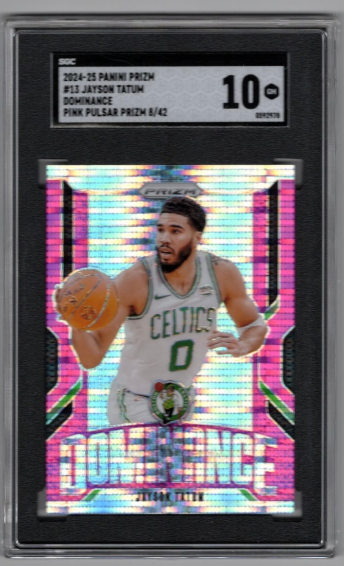 Jayson Tatum Dominance Pink Pulsar Prizm /42 2024-25 Panini Prizm #13 SGC 10: Panini Select, Prizm, Mosaic, Contenders, Revolution, Phoenix, NBA Hoops, Rookie NFL Sports Trading Cards, Silver, SP, SSP, Wave Prizms, Numbered Cards, Basketball sports Cards for Sale Near Me, NBA C