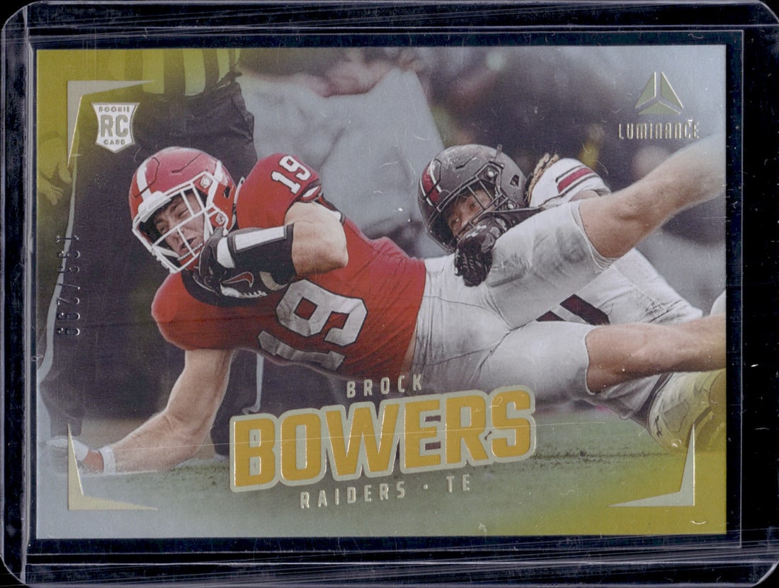 Brock Bowers Rookie Card Gold /299 2024 Panini Luminance #186 Las Vegas Raiders: Panini Select, Prizm, Mosaic, Contenders, Zenith, Phoenix, Illusions, Absolute, Rookie NFL Sports Trading Cards, SP, SSP, Cards, Football Cards for Sale Near Me, Superbowl & Hall of Fame Player Cards,