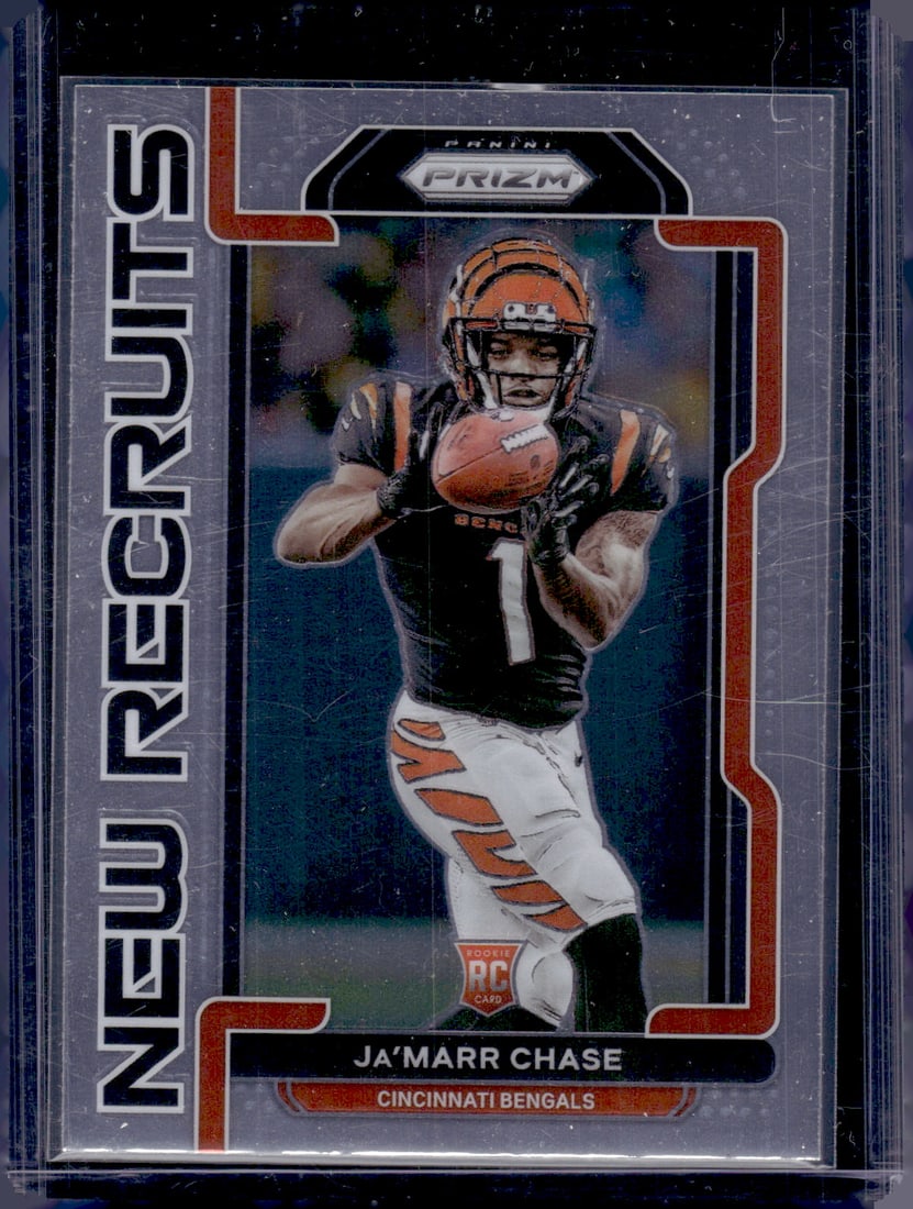 Ja'Marr Chase Rookie Card New Recruits 2021 Panini Prizm #NR-7 Bengals Football Card: Panini Select, Prizm, Mosaic, Contenders, Zenith, Phoenix, Illusions, Absolute, Rookie NFL Sports Trading Cards, SP, SSP, Cards, Football Cards for Sale Near Me, Superbowl & Hall of Fame Player Cards,