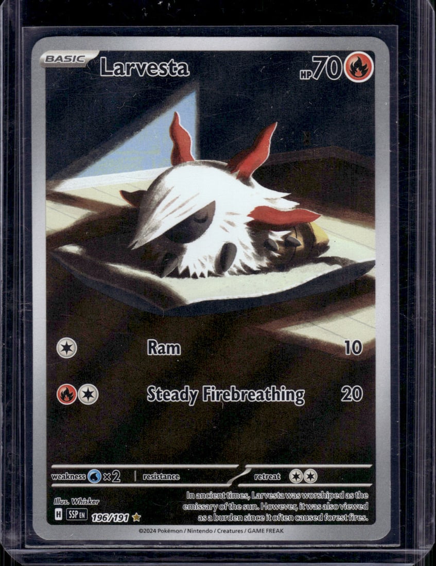 2024 Pokemon Surging Sparks Larvesta Illustration Rare #196: Pokemon Trading Card Game Cards, Charizard, Pikachu, Mewto, EX, Referse Holo, Holo Rare Cards, Secret Rare Cards, Full Art Cards, Evee, 3 Stars Ultra Rare Cards, Double Rare, Illustration Rare, Specia