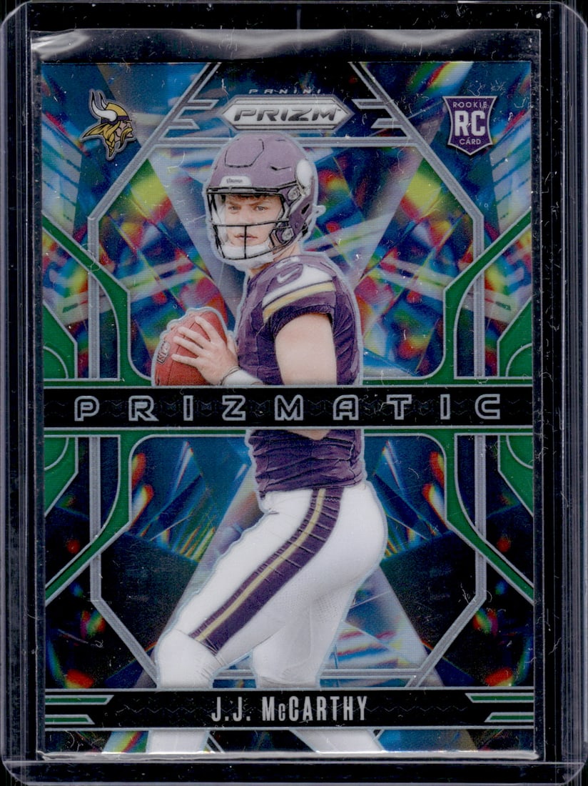 JJ McCarthy Rookie Card Prizmatic Green Prizm 2024 Panini Prizm #8 Minnesota Vikings: Panini Select, Prizm, Mosaic, Contenders, Zenith, Phoenix, Illusions, Absolute, Rookie NFL Sports Trading Cards, SP, SSP, Cards, Football Cards for Sale Near Me, Superbowl & Hall of Fame Player Cards,