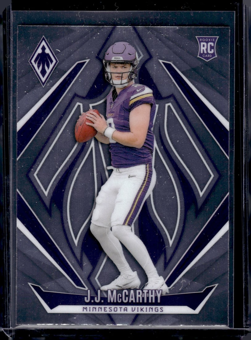 JJ McCarthy Rookie Card 2024 Phoenix #185 Minnesota Vikings Football Card: Panini Select, Prizm, Mosaic, Contenders, Zenith, Phoenix, Illusions, Absolute, Rookie NFL Sports Trading Cards, SP, SSP, Cards, Football Cards for Sale Near Me, Superbowl & Hall of Fame Player Cards,