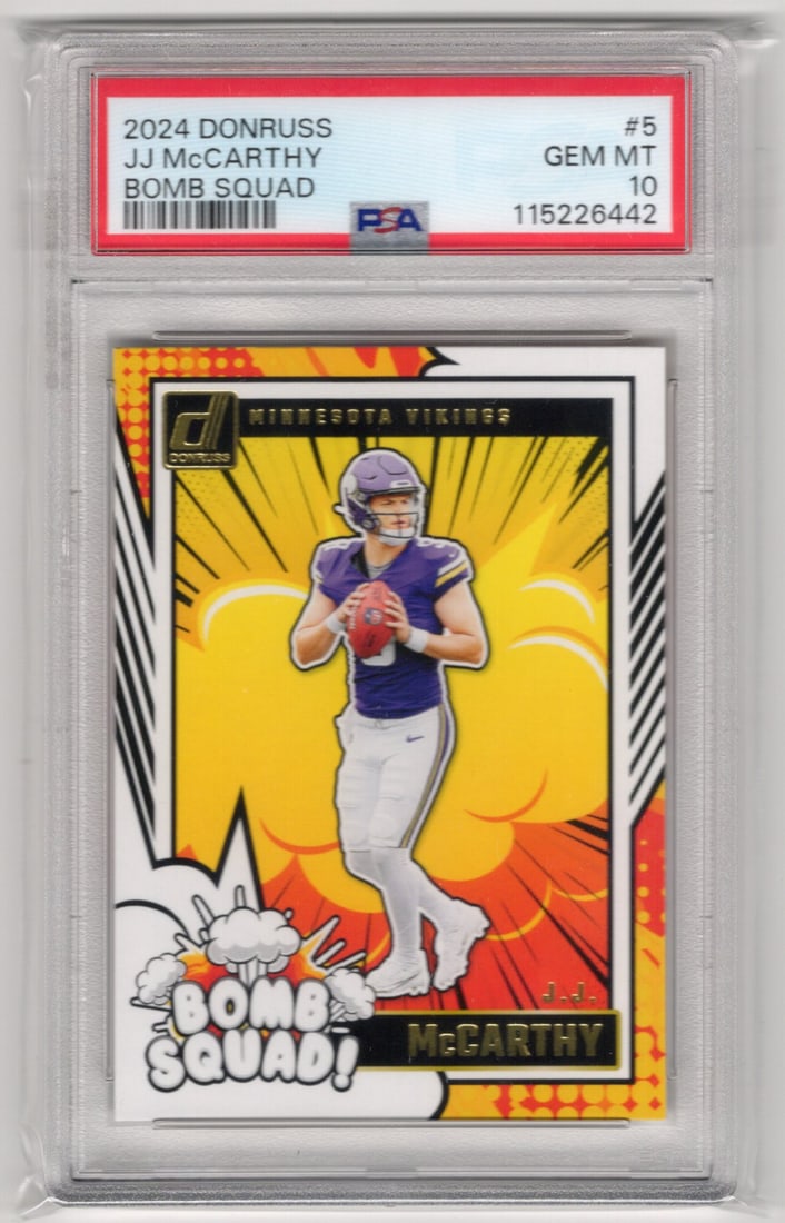 JJ McCarthy Rookie Card Bomb Squad 2024 Donruss #5 PSA 10 Minnesota Vikings (1 of 2)