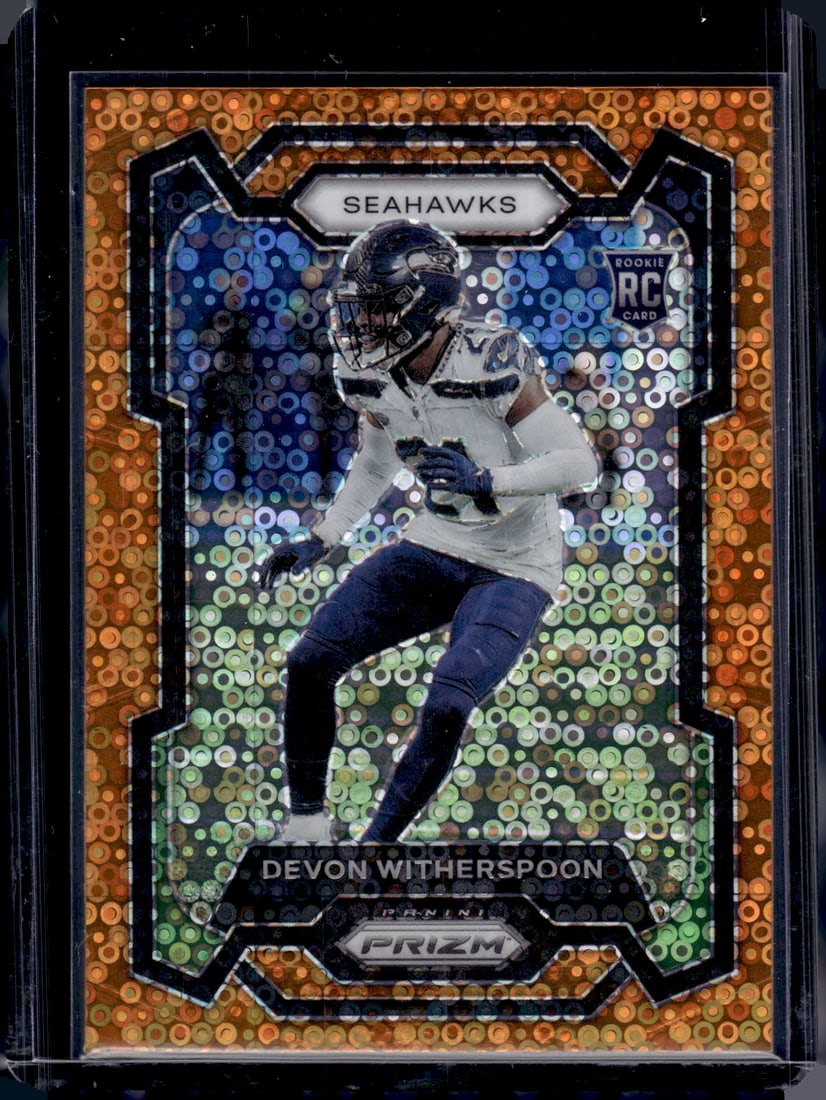 Devon Witherspoon Rookie Card Orange Disco Prizm 2023 Prizm #389 Seahawks: Panini Select, Prizm, Mosaic, Contenders, Zenith, Phoenix, Illusions, Absolute, Rookie NFL Sports Trading Cards, SP, SSP, Cards, Football Cards for Sale Near Me, Superbowl & Hall of Fame Player Cards,