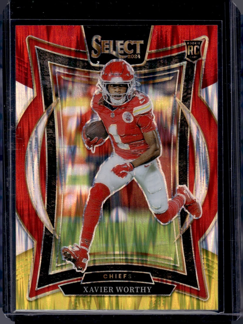 Xavier Worthy Rookie Card Red/Yellow Shock Prizm 2024 Select #32 Chiefs Football Card: Panini Select, Prizm, Mosaic, Contenders, Zenith, Phoenix, Illusions, Absolute, Rookie NFL Sports Trading Cards, SP, SSP, Cards, Football Cards for Sale Near Me, Superbowl & Hall of Fame Player Cards,