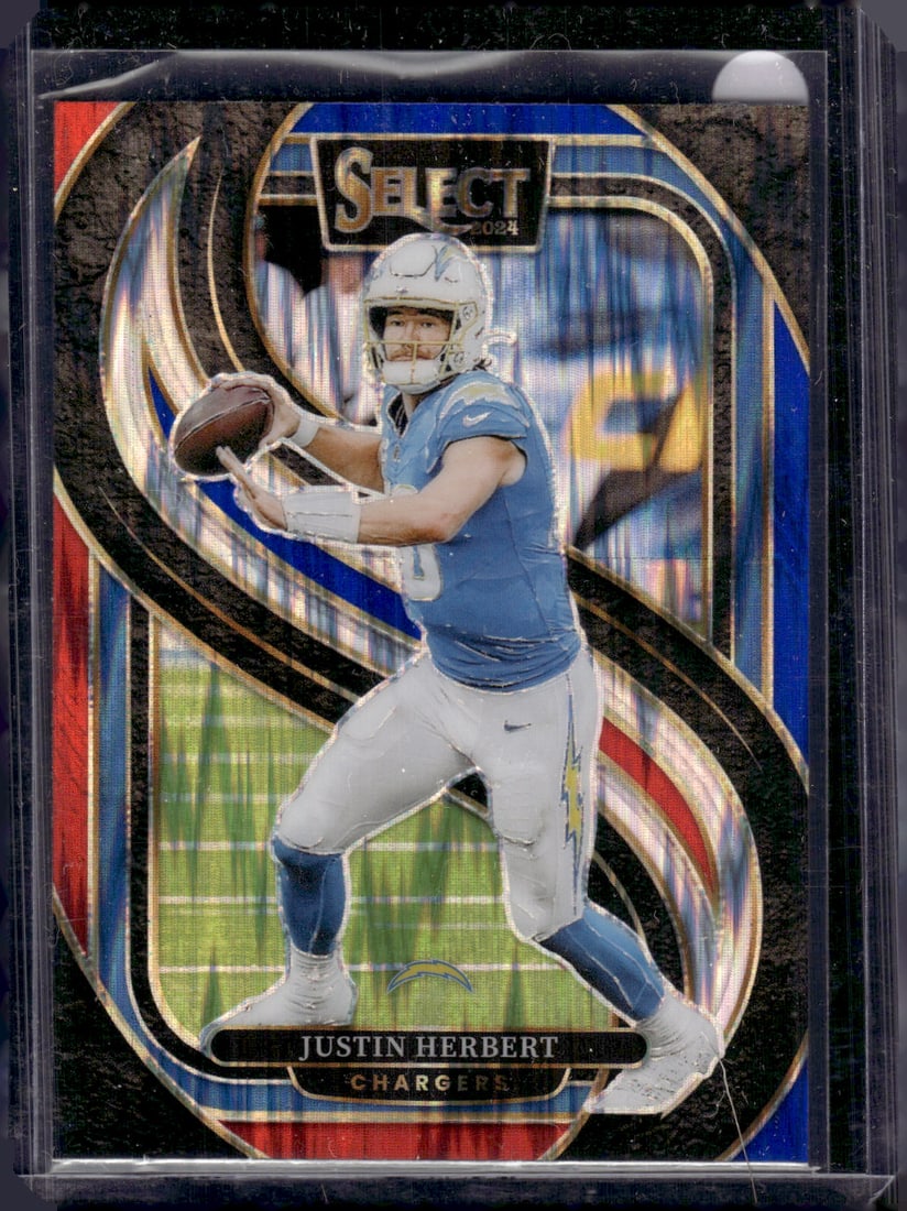 Justin Herbert Red/Blue Shock Prizm 2024 Select #131 Chargers: Panini Select, Prizm, Mosaic, Contenders, Zenith, Phoenix, Illusions, Absolute, Rookie NFL Sports Trading Cards, SP, SSP, Cards, Football Cards for Sale Near Me, Superbowl & Hall of Fame Player Cards,